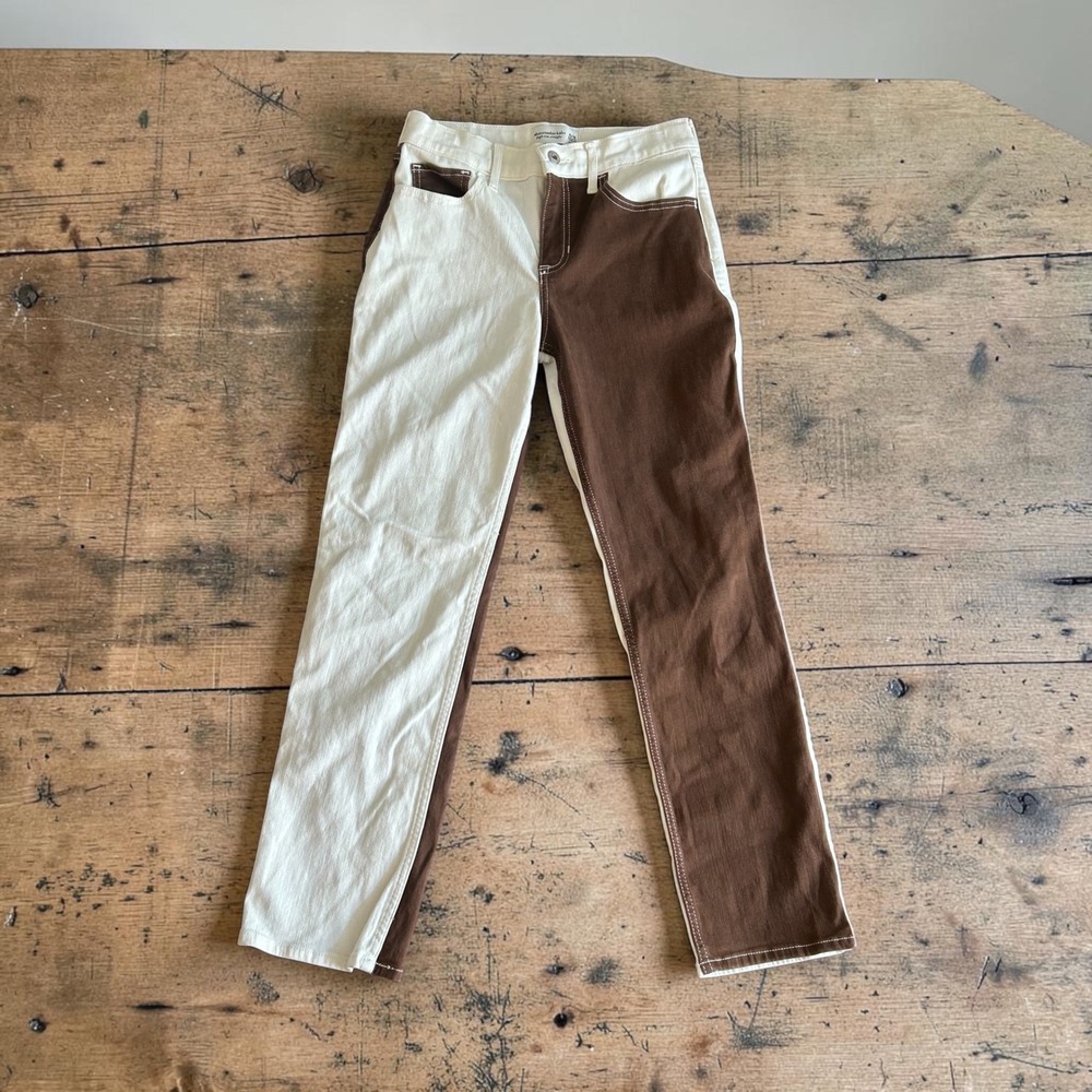 Abercrombie Kids High Rise Straight Colorblock Jeans Brown Cream Sz 15/16 XL